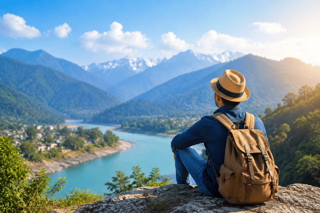 Traveler sitting on a mountain viewpoint overlooking river valley and scenic hills in Northeast India