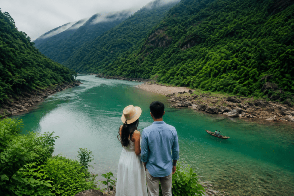 Couple enjoying scenic view of crystal clear Dawki River surrounded by green hills in Meghalaya travel destination