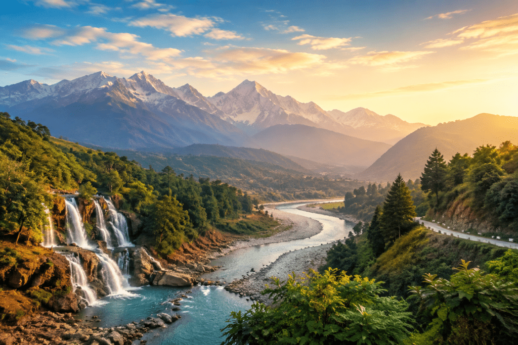 Beautiful scenic mountain valley in Northeast India with river, waterfalls, forests, and snow-capped peaks at sunrise