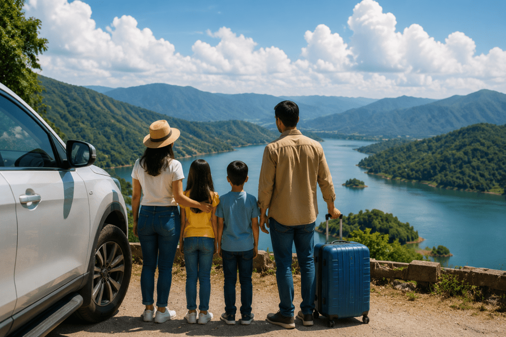 Family enjoying a scenic mountain and lake viewpoint during a vacation in Northeast India with comfortable road travel and beautiful natural landscapes.