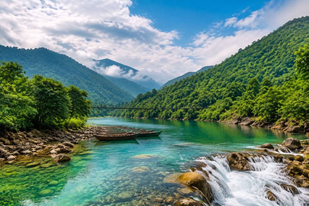 Beautiful scenic river valley landscape in Northeast India with mountains and boats representing DK Northeast Travels tour destinations