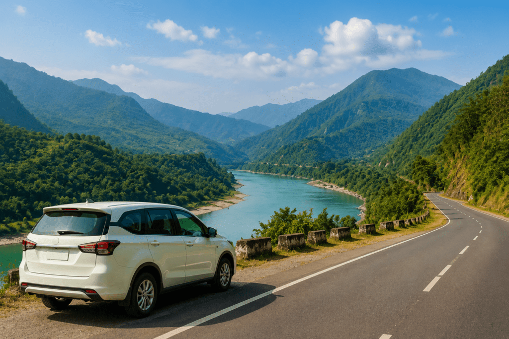 scenic road trip in northeast india showing mountain valley river and suv car representing dk northeast travels tour and travel service