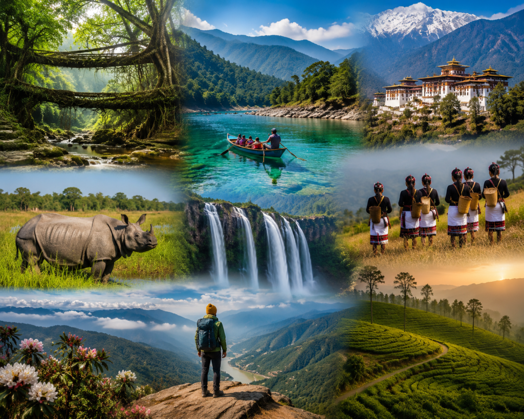 Panoramic collage showcasing Northeast India landscapes including mountains, rivers, tea gardens, waterfalls, wildlife, and cultural landmarks, ideal for travel blog on DK Northeast Travels