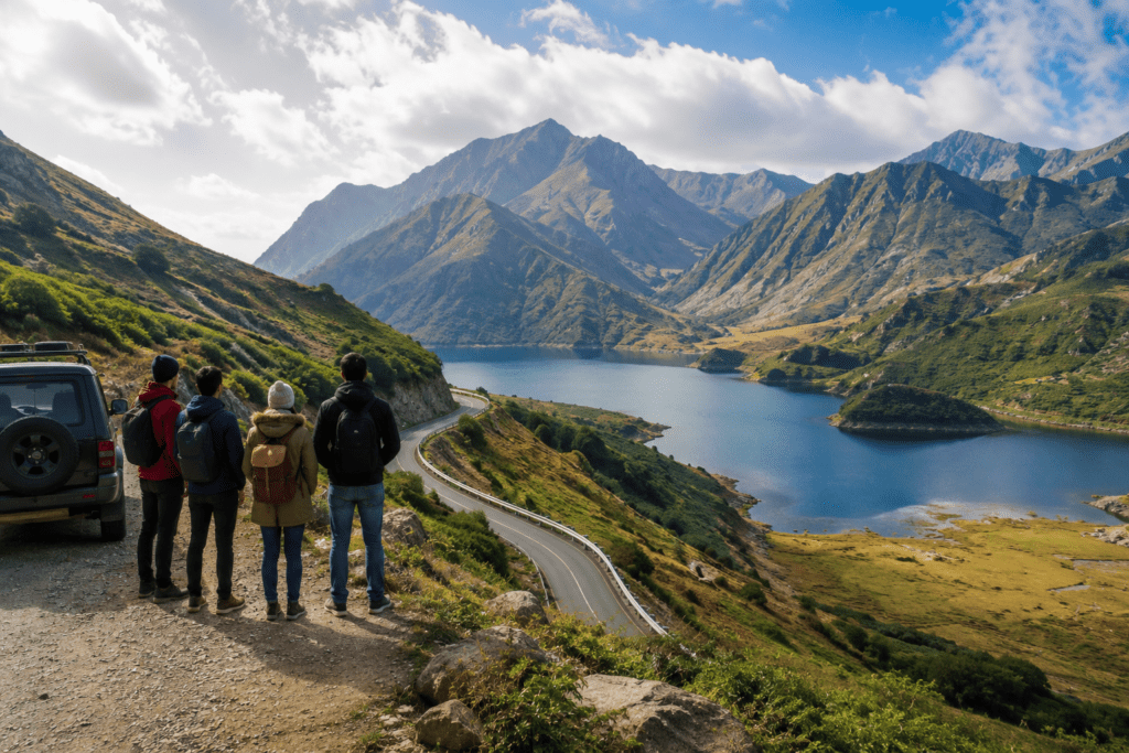 Travelers enjoying scenic mountain lake landscape during a Northeast India road trip