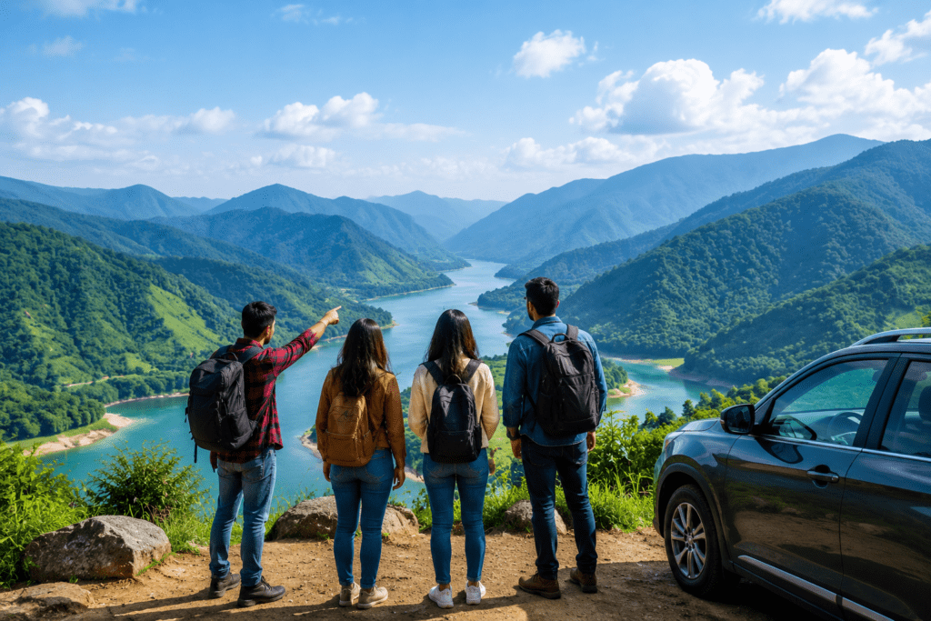 tourists enjoying mountain valley viewpoint northeast india scenic travel road trip river hills landscape group travel photography guwahati tour operator concept