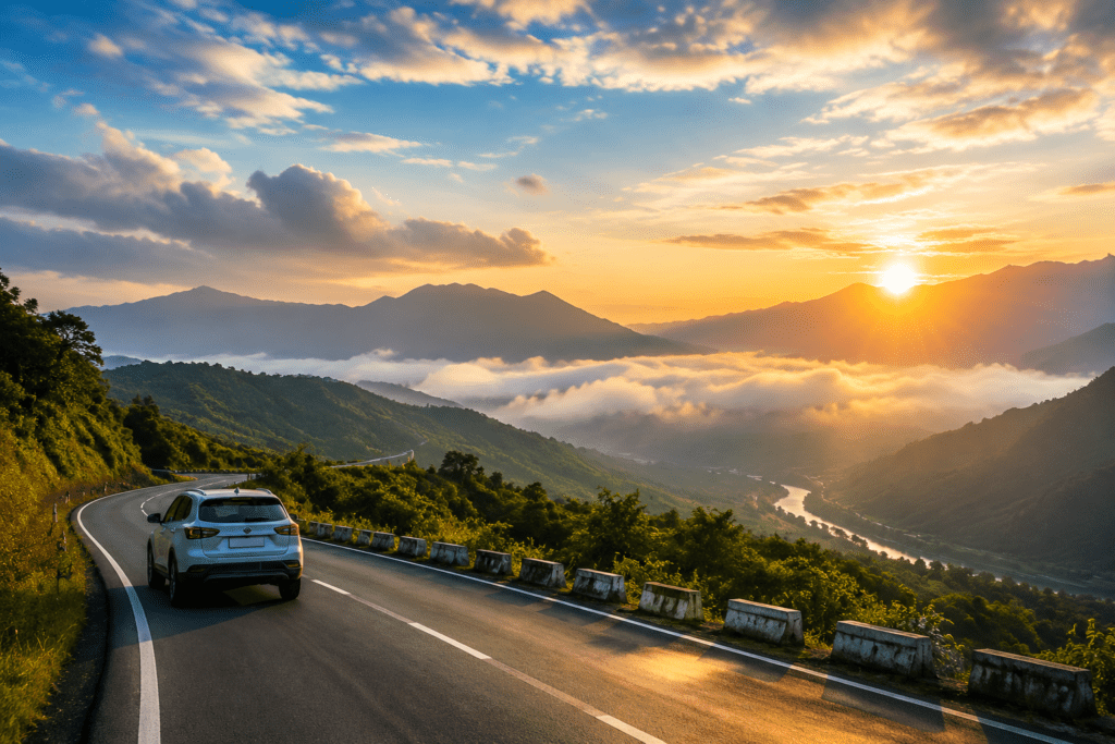 Beautiful scenic mountain road sunrise view representing Northeast India travel tourism landscape