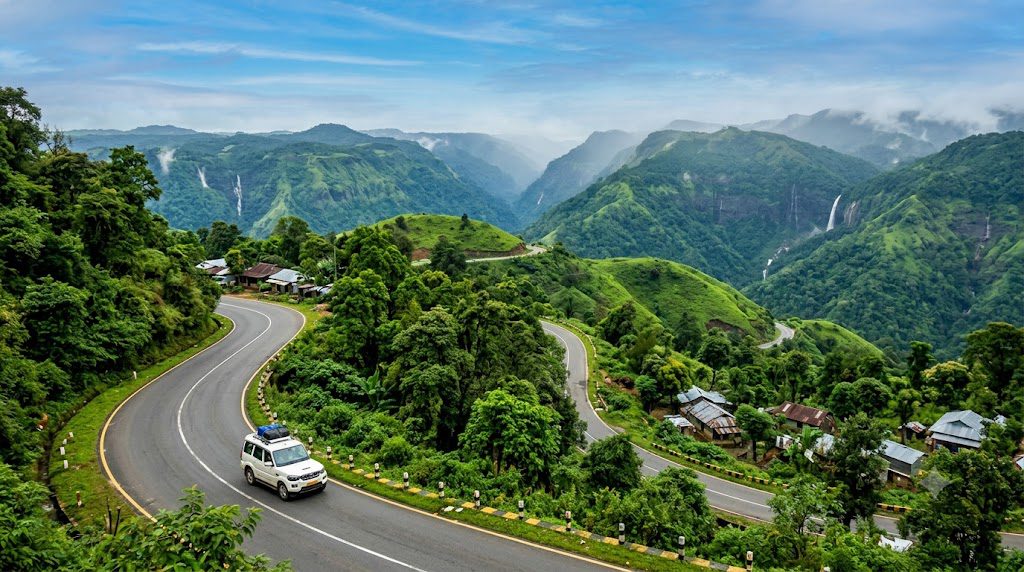 Meghalaya tour package from Guwahati featuring beautiful mountains waterfalls rivers and scenic landscapes of Northeast India