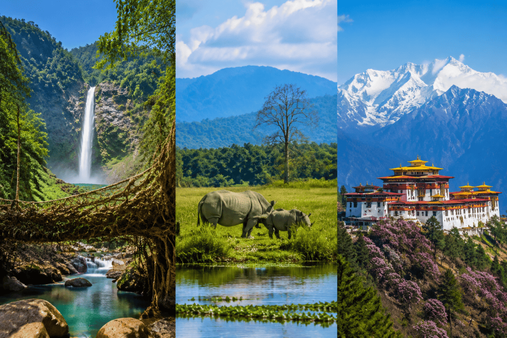 Beautiful collage showing Meghalaya waterfalls, Assam wildlife, and Arunachal monastery representing Northeast India tour packages by DK Northeast Travels