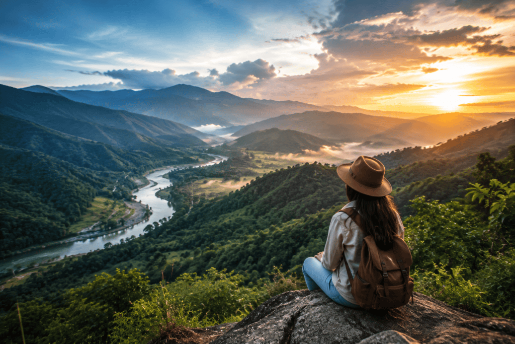 Scenic Northeast India valley landscape with river and mountains showing travel tourism experience for DK Northeast Travels tour packages