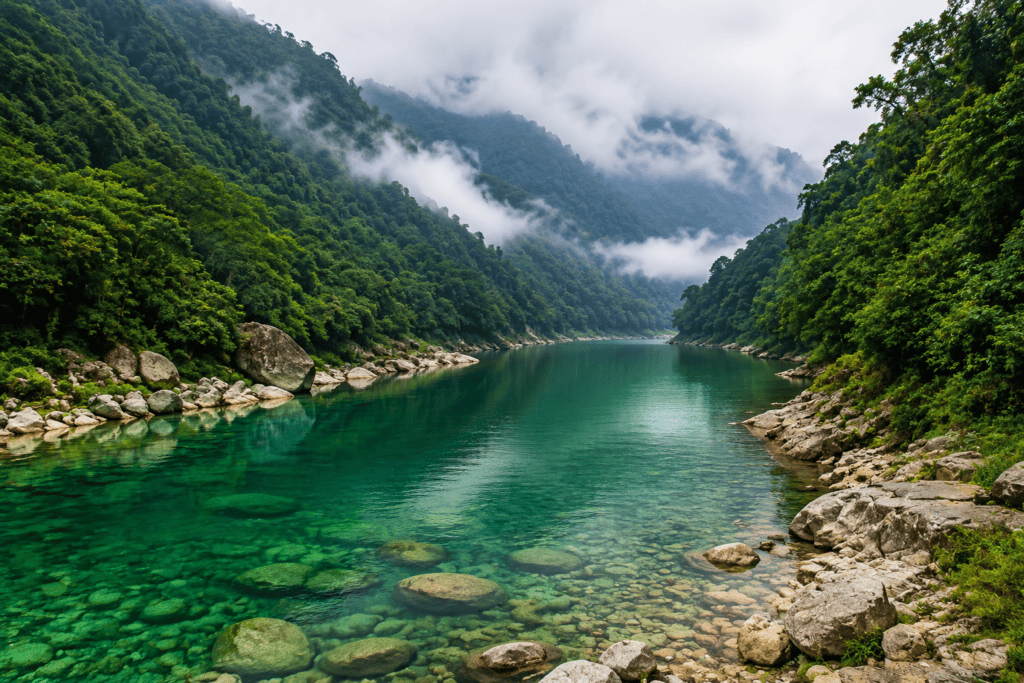 Beautiful misty river valley in Meghalaya with lush green hills and crystal-clear water representing Meghalaya tourism from Guwahati